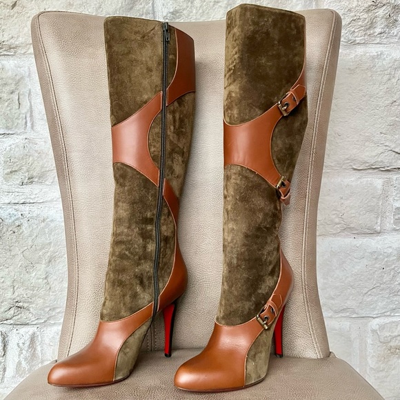 Christian Louboutin Canassone 100 Knee high Boots Cognac Olive Green Euro 38 - Picture 2 of 16